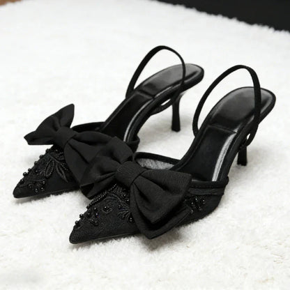 Black Mesh Beaded Decoration Heeled Sandals Women Sexy Pointed Toe Slingbacks Thin High Heels Elegant Bow Designer Women Pumps