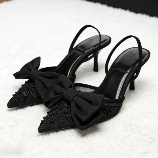 Black Mesh Beaded Decoration Heeled Sandals Women Sexy Pointed Toe Slingbacks Thin High Heels Elegant Bow Designer Women Pumps