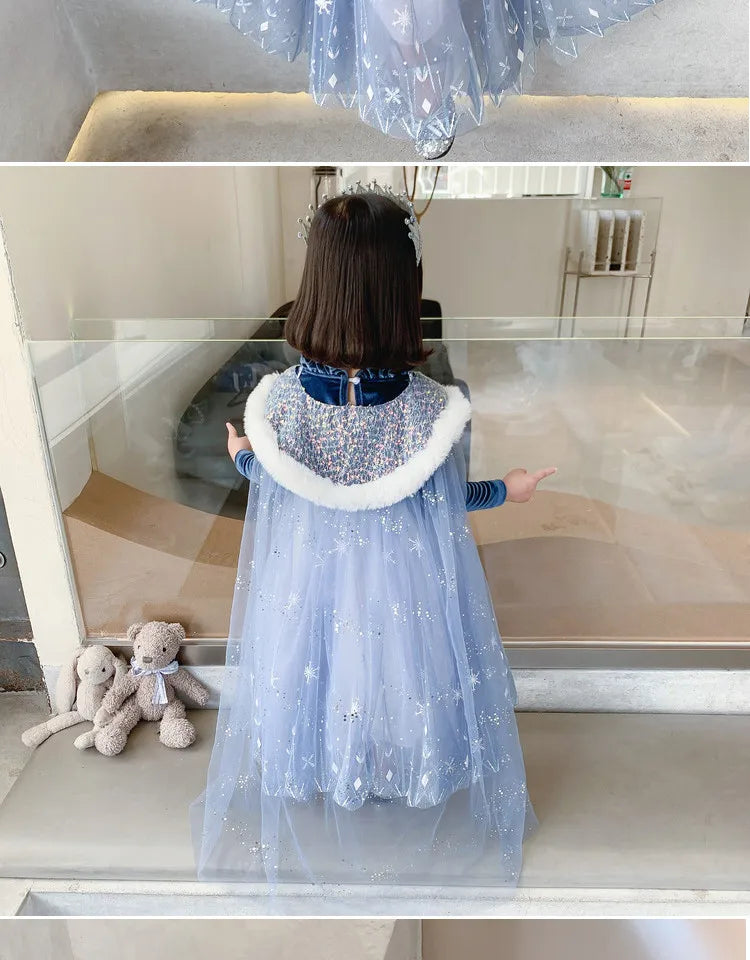 Girls' Spring 2026 New Velvet Elsa Frozen Princess Dress Kids Blue Cape 2 Piece Set Warm Dresses For Girl Party 3-9 Years Old ﻿