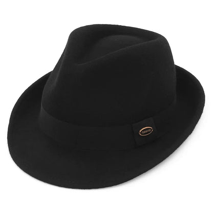 100% Wool Black Retro Felt Jazz Hats for Men Women Short Brim Gentleman Soft Trilby Fedora Panama Hat with Belt