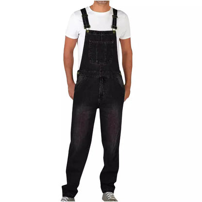 Overalls Jeans Men Ankle Length Jumpsuits Straight Pants Spliced One Piece Pockets Loose Vintage Wash Denim Casual Solid