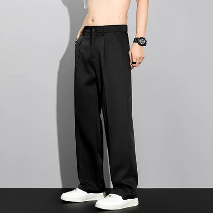 Men's 2026 Summer Korean Style Loose Straight Leg Draping Lightweight Casual Pants Slacks Khaki Dark Gray Black Trousers Male