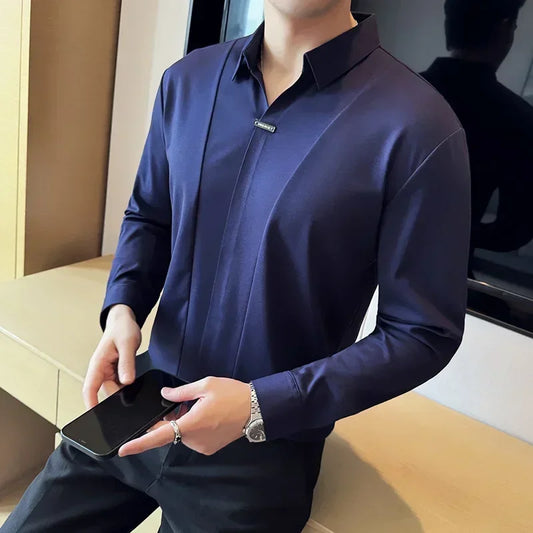 Stitching Special V-neck Long-Sleeved Polo Shirt, Men's High-Grade Elasticity Traceless Lapel T-shirt, Royal Blue Seamless Top