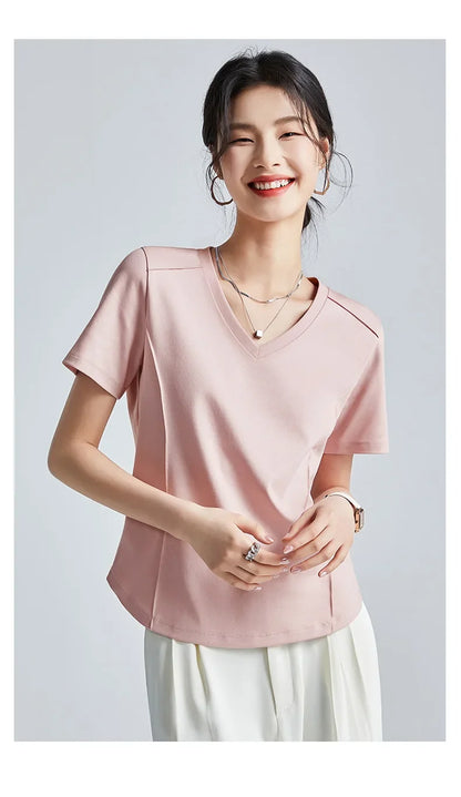 Summer Women's White Mercerized Cotton T-Shirt | 3D Stitching Round Neck Basic Top | Plus Size Slim Fit Layered Casual Blouse