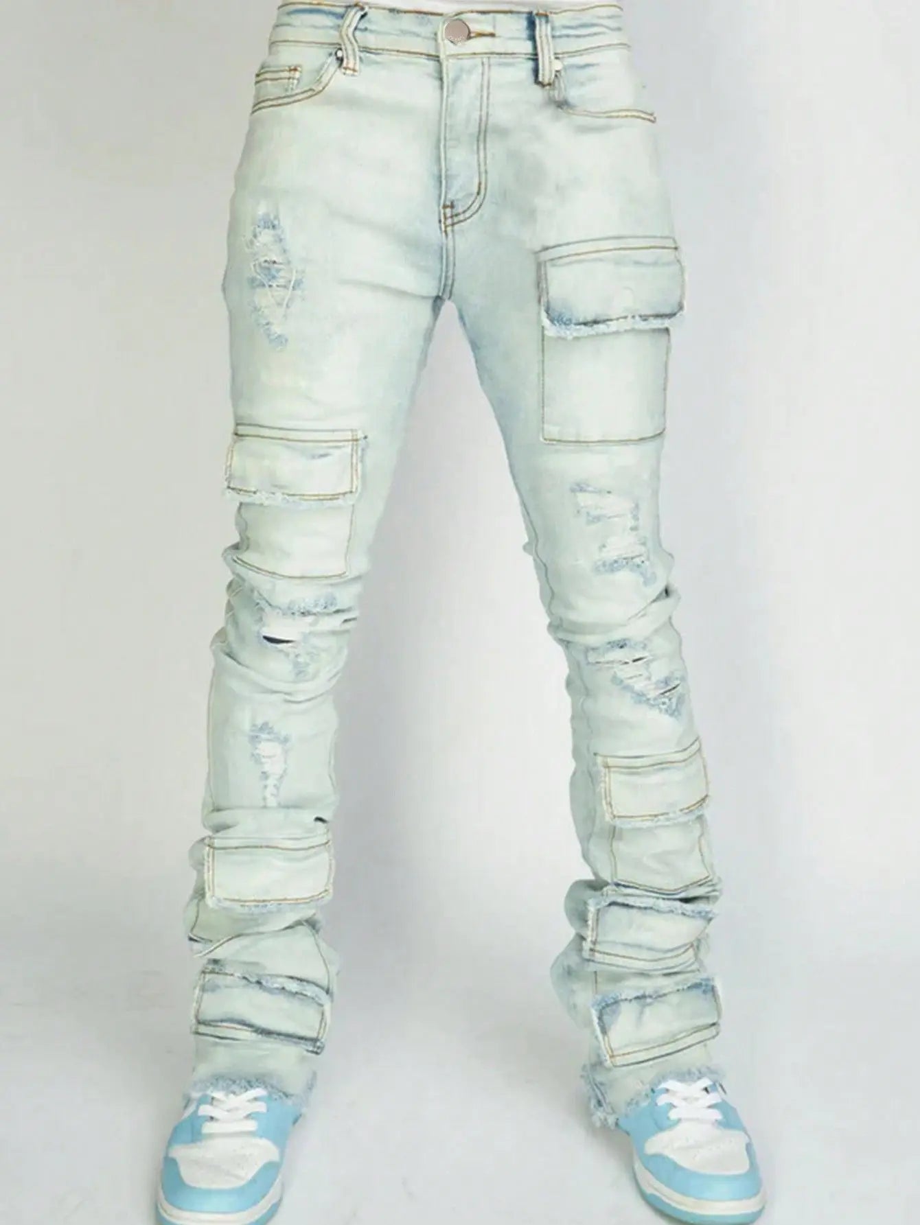 Men Jeans Long Pant Denim Flare Pants Hole Straight Trousers Slim Fit High Waist Casual Button Pocket Splice Autumn Winter