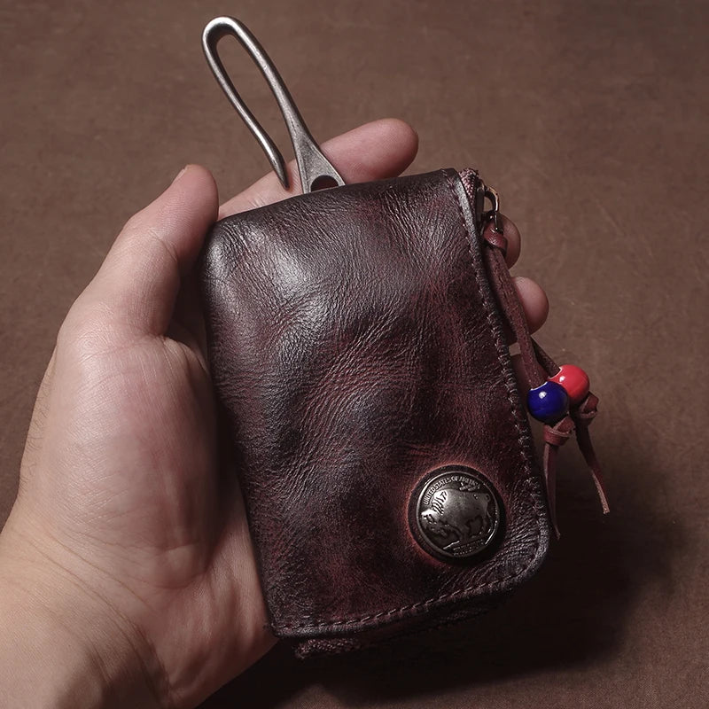 High Quality Genuine Leather Home Car Key Bag Retro Men Handmade Top Cowhide Coin Purse Women Zipper Mini Wallet Card Holde