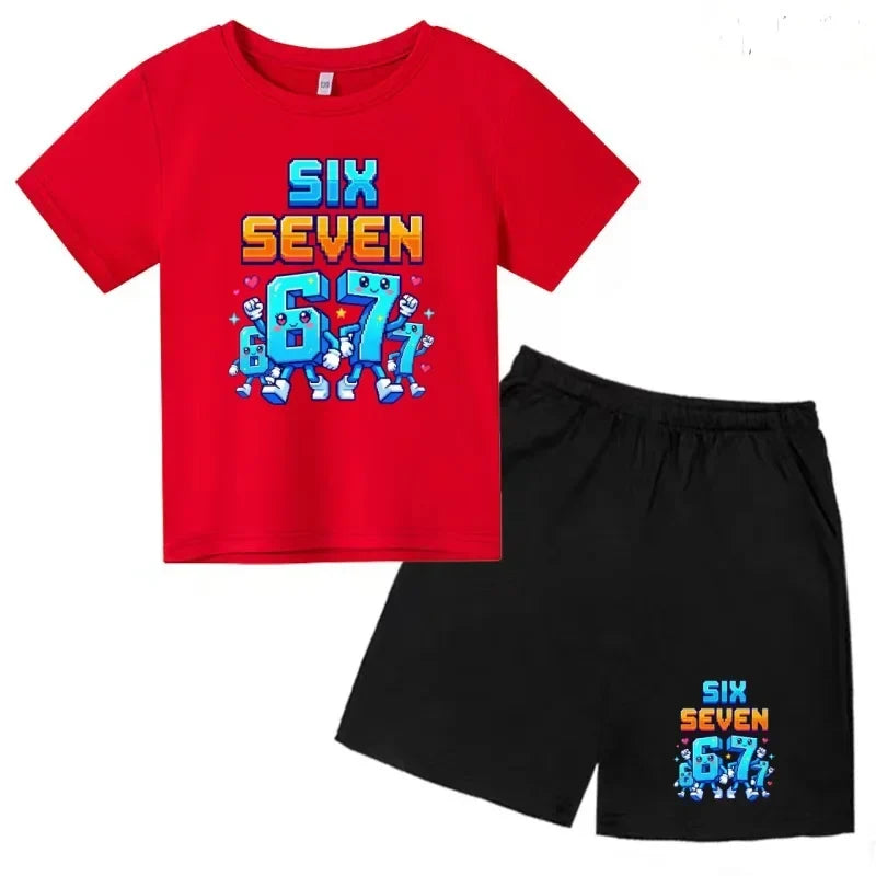Boys Girls 3-12Y Summer Fashion Outfit 67 Number Cartoon Print T-shirt and Shorts Casual Two-Piece Clothing Set