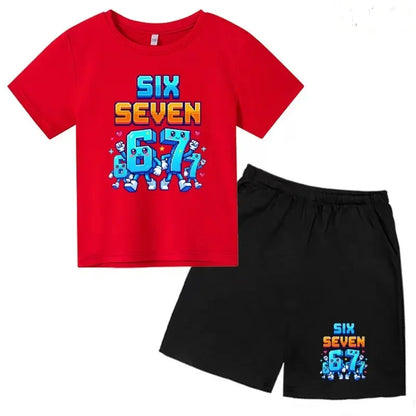 Boys Girls 3-12Y Summer Fashion Outfit 67 Number Cartoon Print T-shirt and Shorts Casual Two-Piece Clothing Set