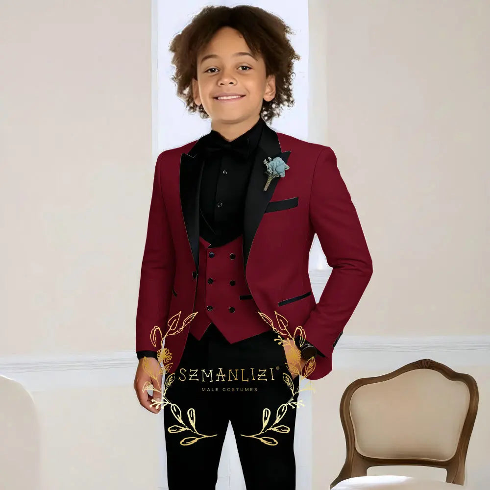 Boys Suit Wedding Tuxedo 3 Pieces Peaked Collar Jacket Pants Vest Child Formal Blazer Set Slim Fit Outfit costume garcon mariage