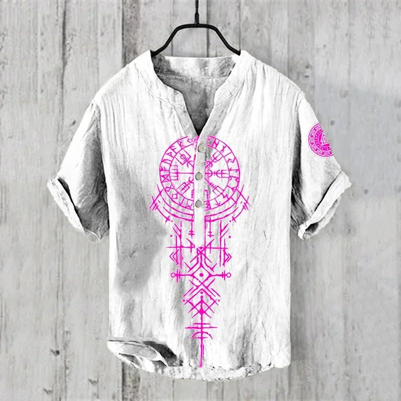 New Men's 3D Printed V Neck Short Sleeve Shirt Foreign Trade Casual Fashion Loose Linen Short Sleeve Shirt Top