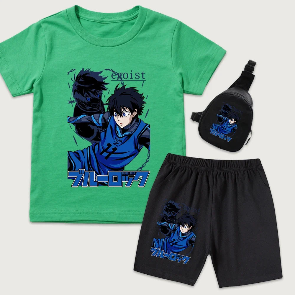 Blue Lock Yoichi Isagi Anime Print Kids Cotton T Shirt Shorts Mini Chest Bag 3Pcs Set Casual Summer Outfit for Boys Girls