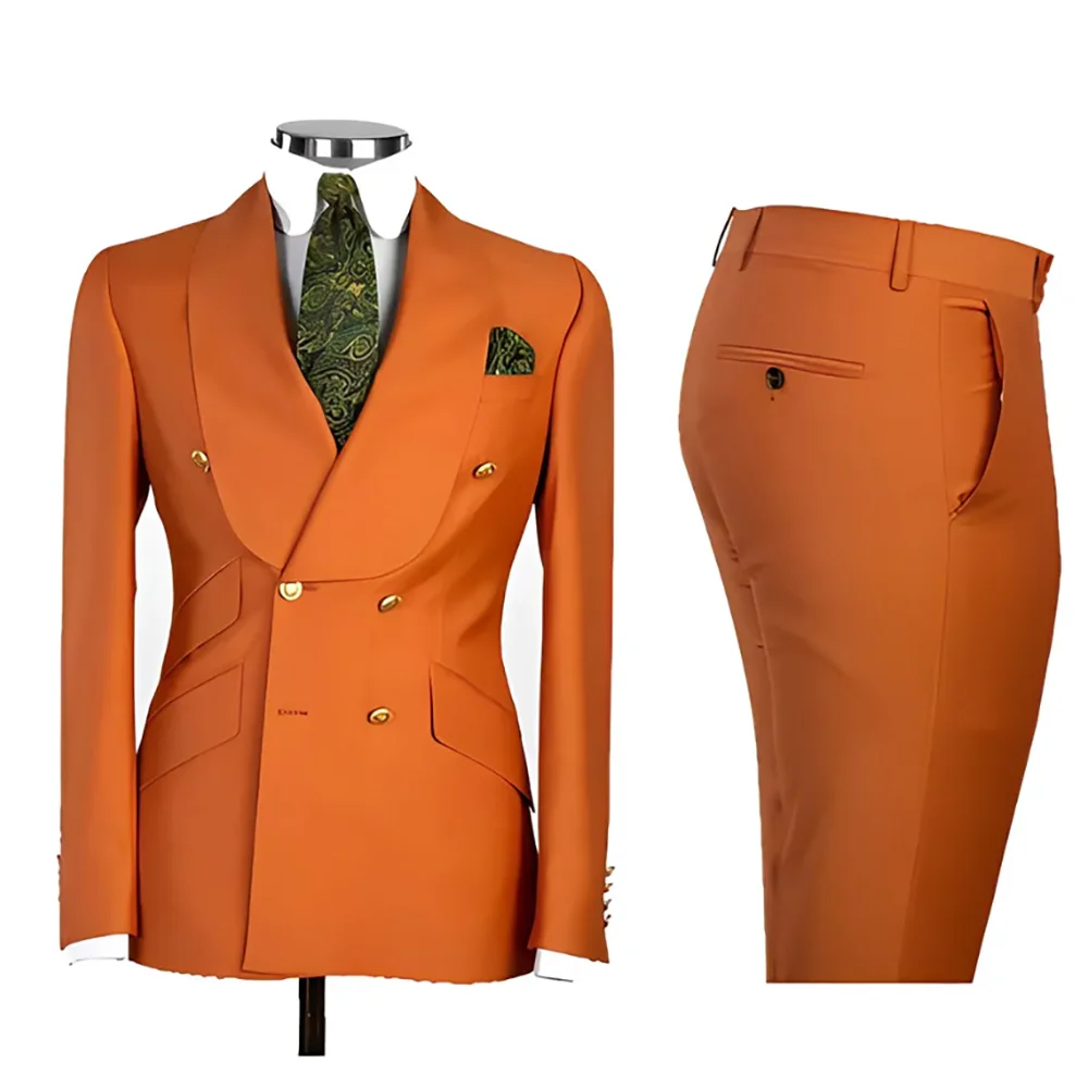 Lvory Shawl Lapel 2 Piece Suit Double Breasted Men's Jacket Pants with Gold Buttons Formal Wedding Groom Attire Prom Tuxedos