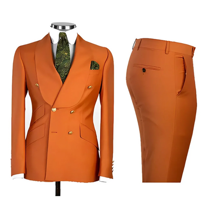 Lvory Shawl Lapel 2 Piece Suit Double Breasted Men's Jacket Pants with Gold Buttons Formal Wedding Groom Attire Prom Tuxedos