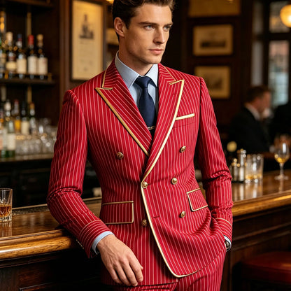 Men's Pinstripe Blazer Double Breasted Slim Fit Peaked Lapel With Gold Trim Formal Suit Jacket  For Groomsman Wedding Prom Hot