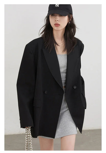 Women Blazers Solid Loose Double-breasted Wide Shoulder Office Ladies Suit Jacket Oversized Coat Spring Autumn 2026