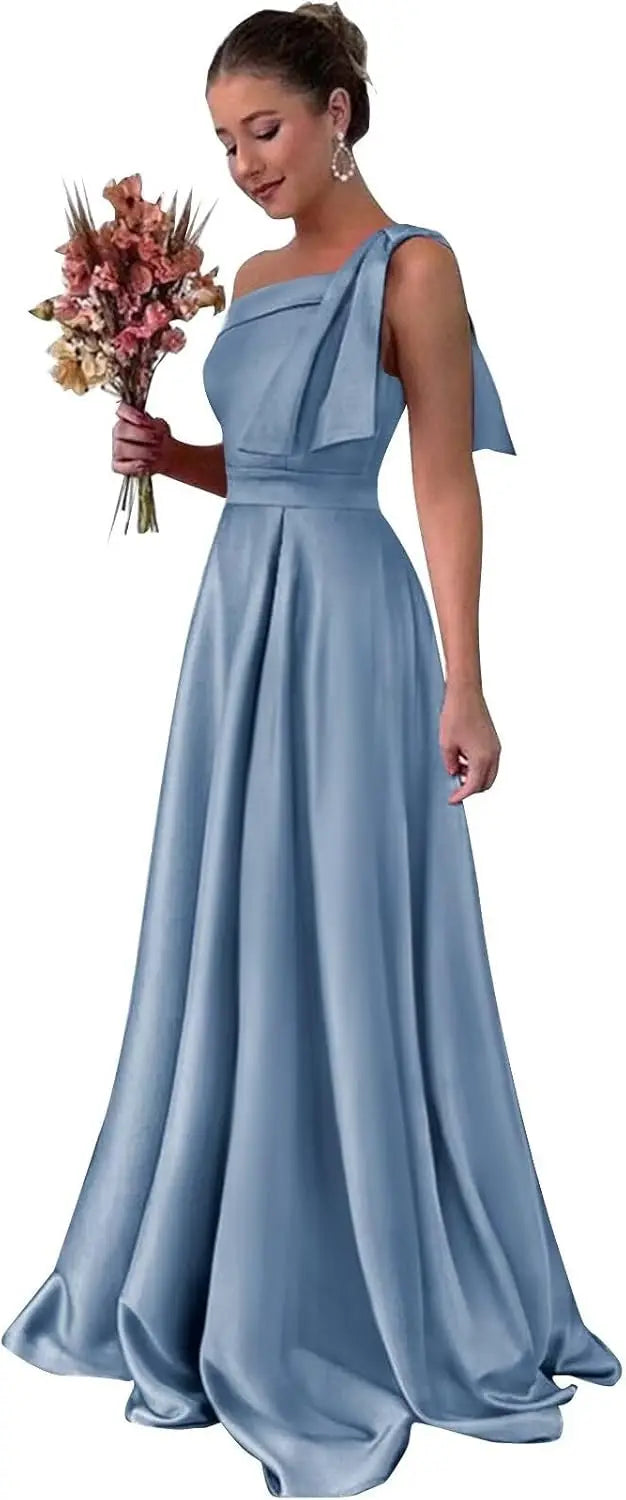 One Shoulder Large Bow Bridesmaid Dress with Pleated Satin and Pockets Simple ,Stylish Ball Dressadies' Guest One Shoulder Dress