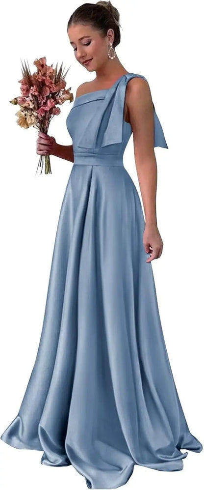 One Shoulder Large Bow Bridesmaid Dress with Pleated Satin and Pockets Simple ,Stylish Ball Dressadies' Guest One Shoulder Dress