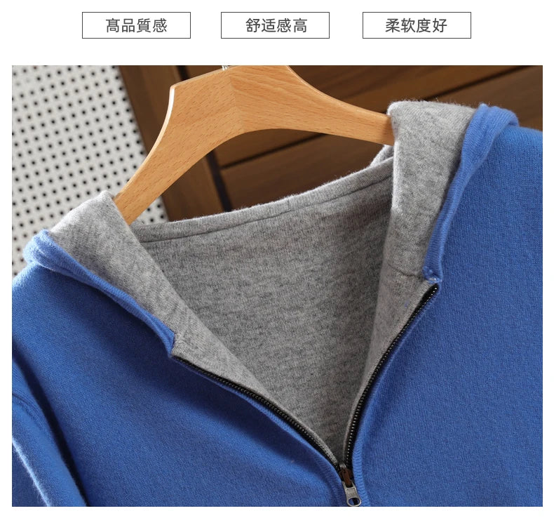 Double-Sided Hooded Zippered Men's Cashmere Cardigan Autumn and Winter Contrasting Color Thickened Loose Casual Knitted Sweater