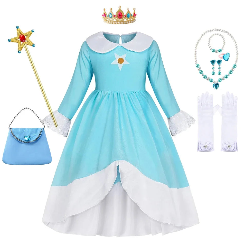 Rosalina Dress Girls Peach Children Halloween Costume Game Role Play Princess Dress Long Sleeve