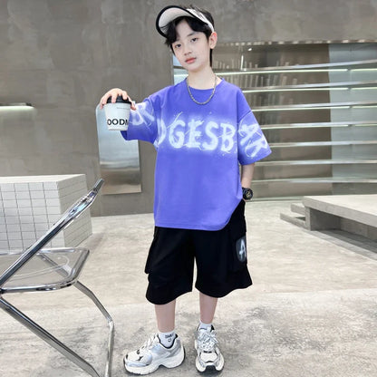 Hot Sale Teenager Boy Summer Tee Top and Bottom Clothes Set for Child Letter Print Cotton T-shirt + Shorts 2 Piece Clothing Suit
