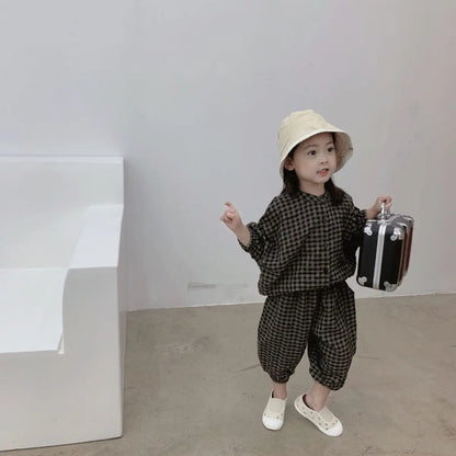 Kid Girls Korean Style Cotton Linen Suits Spring Autumn 2026 New Summer Baby Girl Fashion Casual Plaid 7-point Sleeve 2pcs Sets