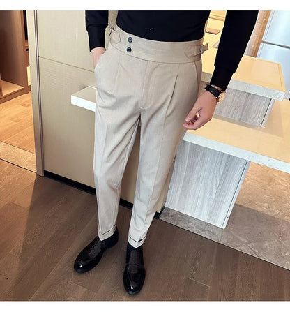 Autumn Winter High Waist Business Dress Pants Men Casual Belt Design Slim Suit Pants Formal Wedding Social Party Male Trousers