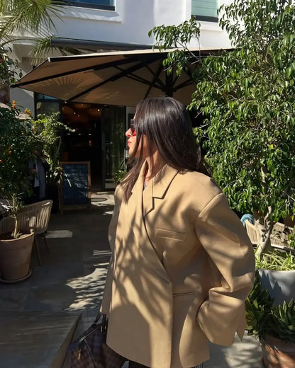 Chic Oversized Lapel Double Breasted Ruched Blazer Women 2026 Spring Khaki Elegant Puff Sleeve Casual Soft Daily Wear Outerwear