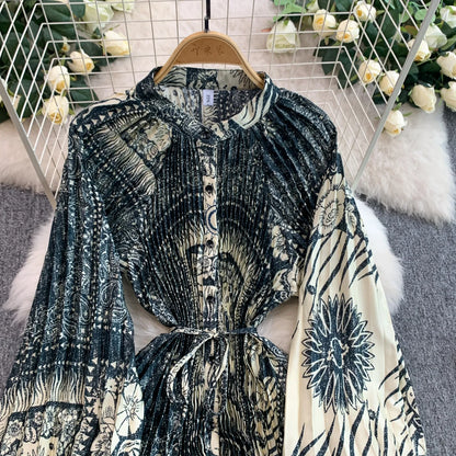 Ele Printed round Ne Lantern Sve Dr Women's Single Button Waist Cinch Maxi Skirt Long Dr Commute Sle Autumn