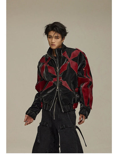 Spring Autumn Cool Handsome Crocodile Print Patchwork Pu Leather Jacket Men Color Block Luxury Designer Clothes 2024