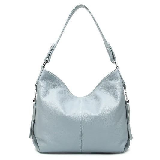 Elegant Beige Women Genuine Leather Handbag Hobo Bag Fashion Crossbody Tassel Big Capacity Shopper Tote Purse Sac Hot Sale