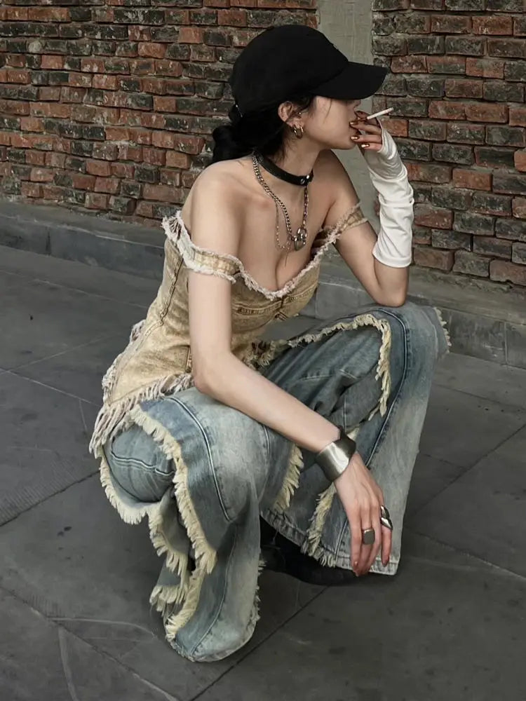 Women's Washed Y2K Baggy Japanese 2000s Denim Trouser Vintage Casual Tassels Pants Female Street Trashy Retro High Waist Jeans