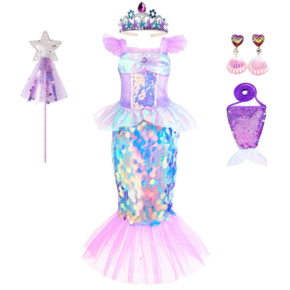 Mermaid Dress for Girl Charm Princess Cosplay Sequin Bling Costume for Kids Girl Fish Beauty Birthday Party Halloween Clothing