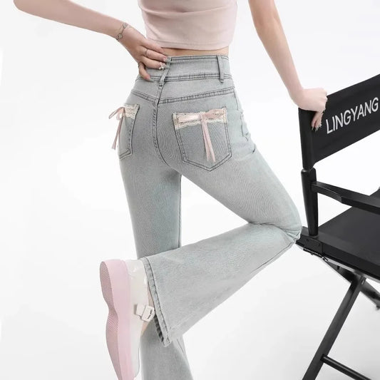 High Waist Bell Bot Denim Jeans Women's Light Color Peach Butt Design Slimming Fitted Floor Length  Hoof Pants