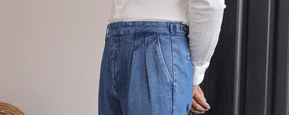 Italian Style Men's High Waist Business Neapolitan Jeans Draped Cuffed Straight Leg Western Pants Youth Trendy Wear Resistant