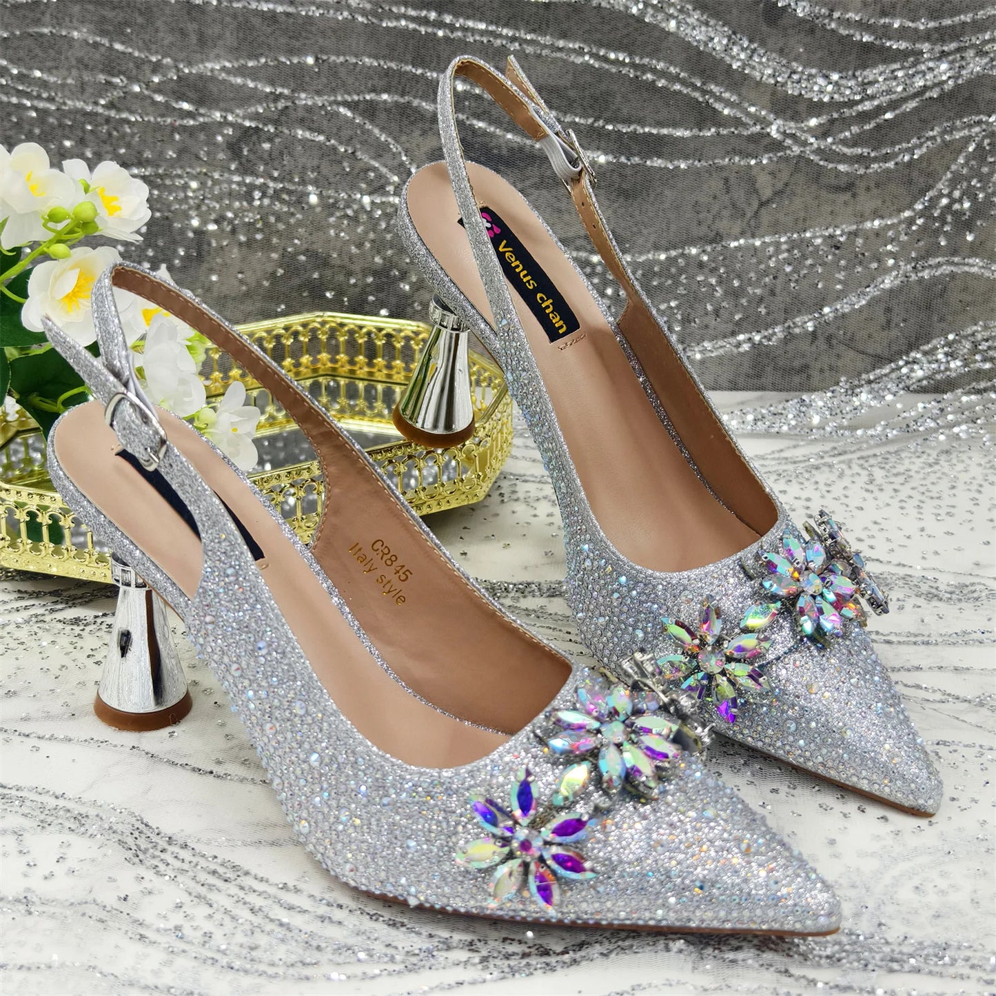 Olive-Green Pointed-Toe Women's High Heels Shoes and Bags for Party Rhinestone Evening Elegant Luxury Handbag