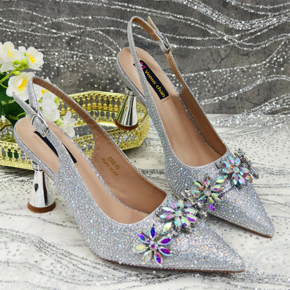 Olive-Green Pointed-Toe Women's High Heels Shoes and Bags for Party Rhinestone Evening Elegant Luxury Handbag