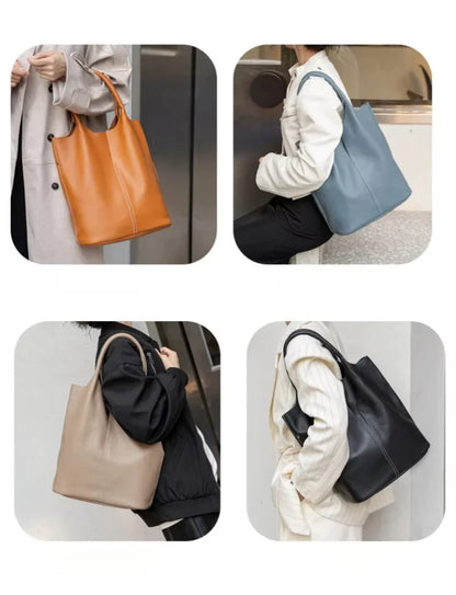Genuine Grade Leather Women Commuter Tote Bag Ladies Soft Cowhide Tote Shoulder Handbag Large Female Bucket Bag Luxury Designer