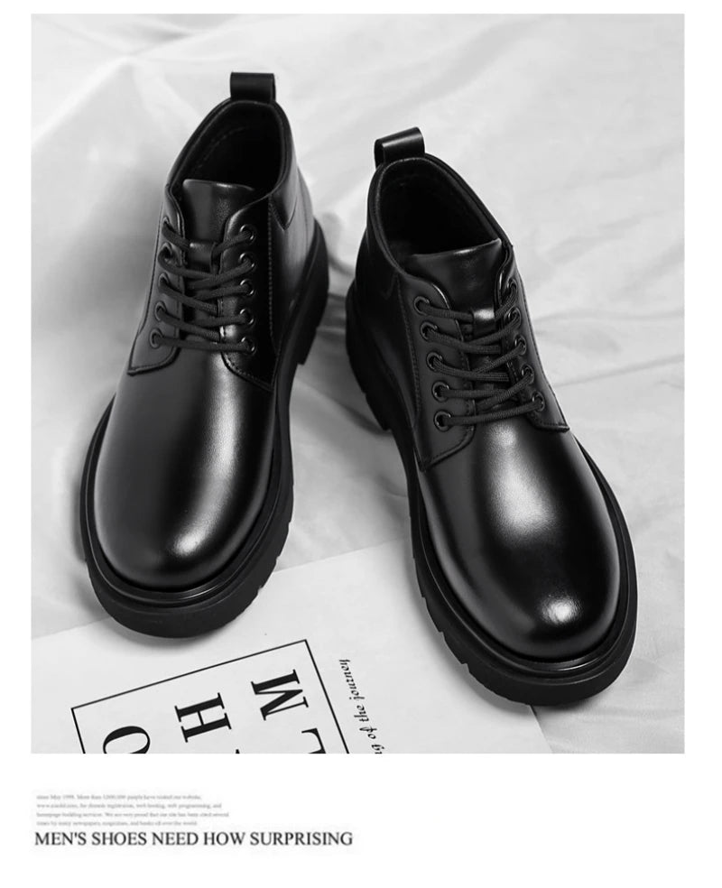 Mens Black Leather Lace Up Mid Top Boots Winter Warm Formal Business Office Wedding Shoes Black Work Boots Fashionable Dad Shoes