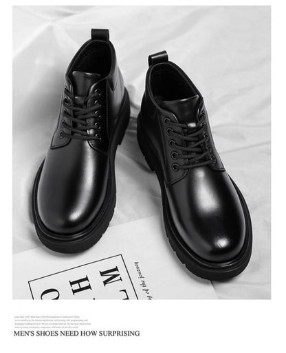 Mens Black Leather Lace Up Mid Top Boots Winter Warm Formal Business Office Wedding Shoes Black Work Boots Fashionable Dad Shoes