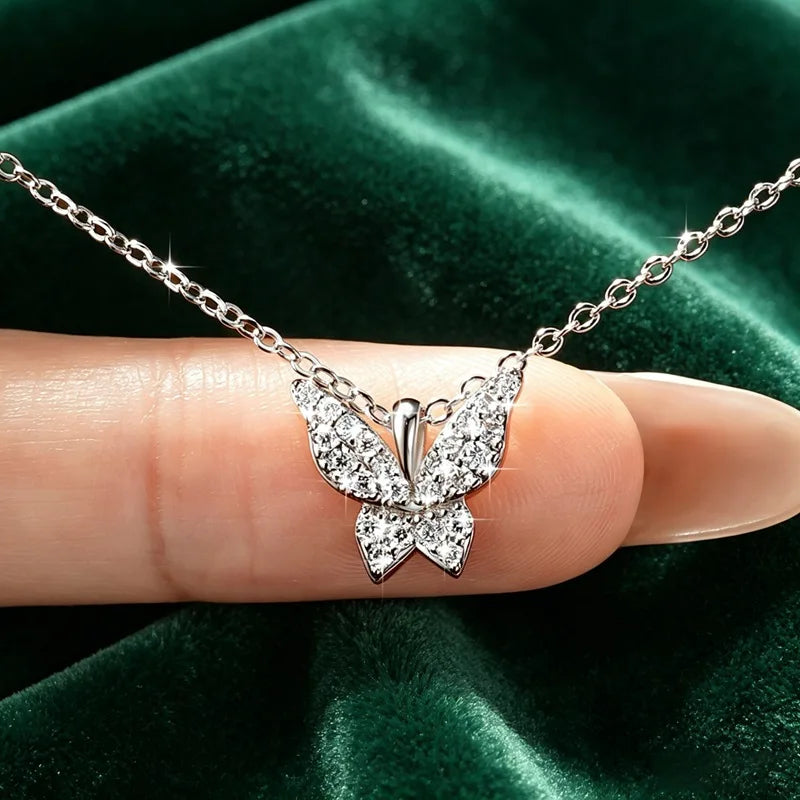 Sparkling 1.5mm Moissanite Necklace 14K Gold Butterfly Pendant Necklaces for Women Valentine's Day Jewelry Gift
