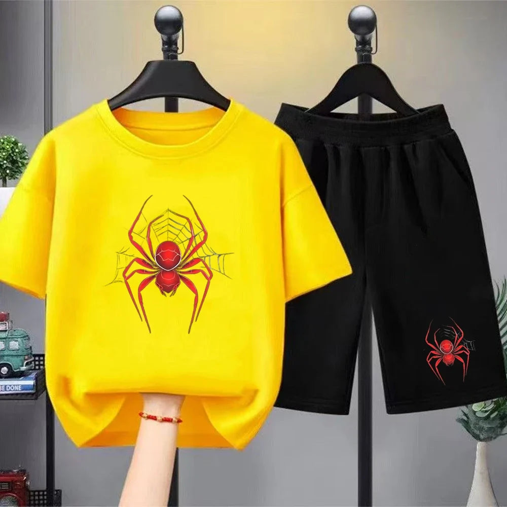 Red Spider Kids Summer T-shirt+Shorts Boy black Girl pink Round Neck Short-sleeved Toddler age 3-12 Casual loose Set print