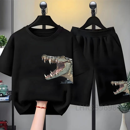 Children Tees Crocodile Head Black Suitable Girls Boy Tshirt+Shorts Kids Set Short Sleeve For Ages 3 And Up Summer Clothing