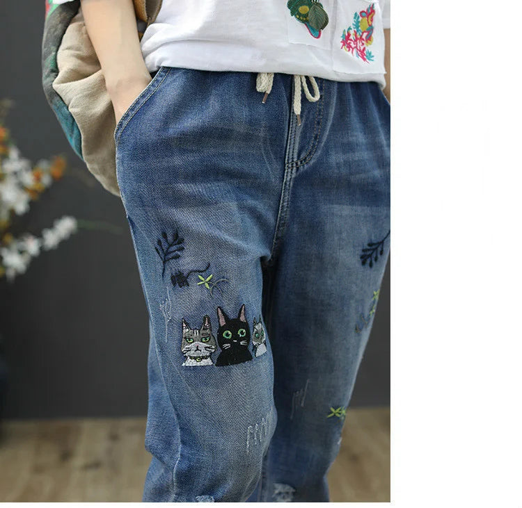 2025 Fashion Summer Streetwear Denim Trousers Ladies Vintage Elastic Jeans Womens Casual Loose Embroidery Harem Pants
