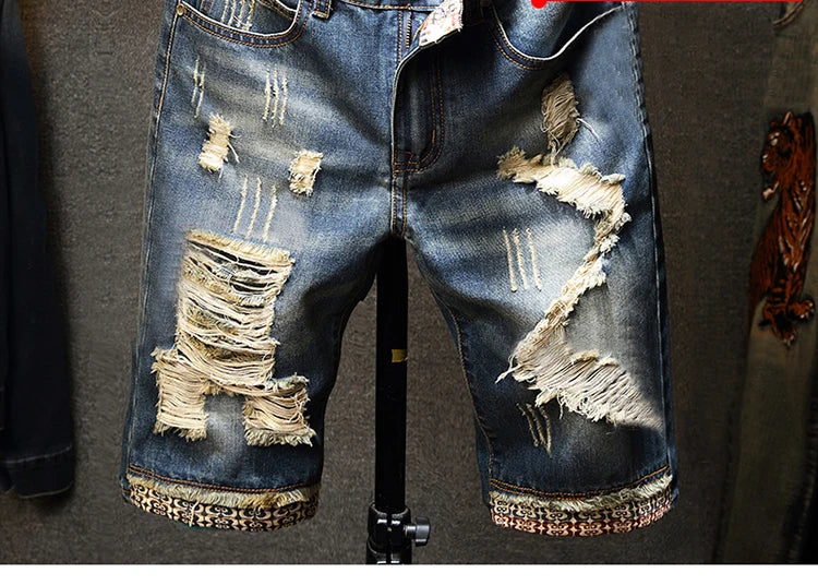 Streetwear Men's Ripped Denim Shorts Straight Slim Fashion Hip Hop Short Pants Big Hole Vintage Knee Length Jeans