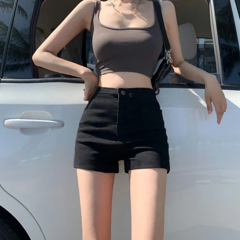 Y2K Korean Style Women's Black High Waisted Denim Shorts New A-Line Wide Leg Slim Fit Casual Summer Streetwear Trendy Hot Pants