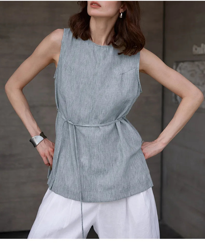 100% Linen Mid-Length Round Neck Women's Tank Top American Vintage Ladies Top Mujer Summer Lace-up Loose Sleeveless Tops