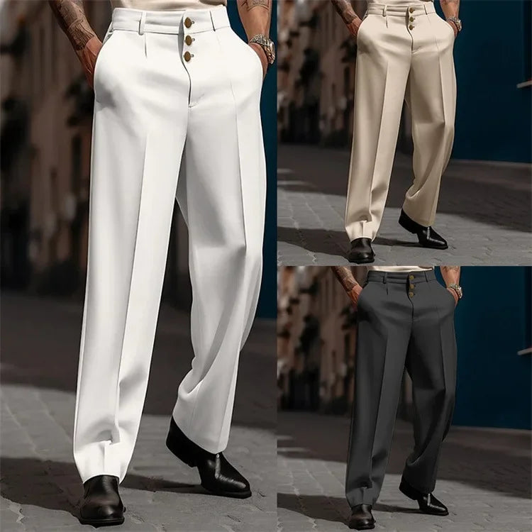 Male Formal Outdoor Pants Men's Solid Color Simple Basic Casual Trendy Loose Business Wide Leg Straight Button Suit Trousers