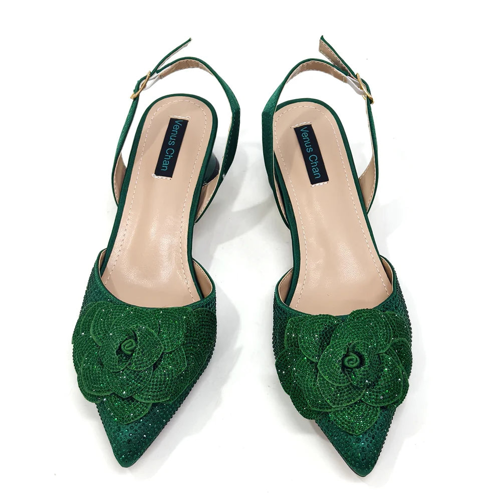 Fashion Ladies Evening Shoes And Bags Paired With Handmade Petal Wine Color Pointed Toe Mid-Heel Nigerian Women Party Shoes