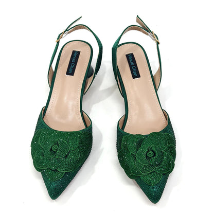 Fashion Ladies Evening Shoes And Bags Paired With Handmade Petal Wine Color Pointed Toe Mid-Heel Nigerian Women Party Shoes
