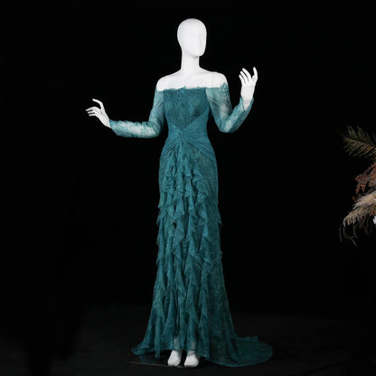 Said Luxury Blue Lace Evening Dress Saudi Arabia Elegant Off Shoulder Wedding Guest Gowns Formal Party Dress SF519 Custom